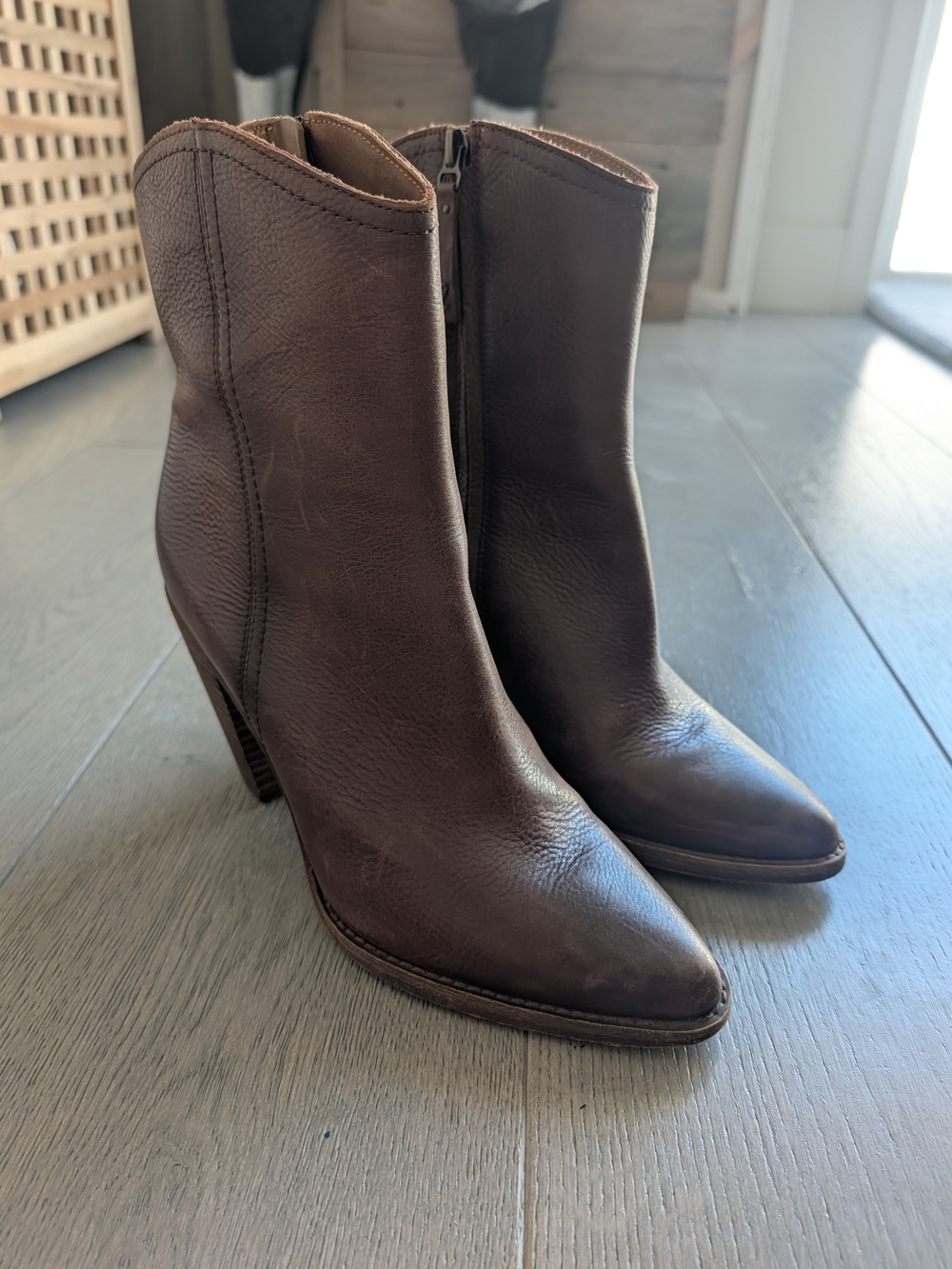 Zodiac Dark Brown Leather Pointed-Toe Ankle Cowboy Booties